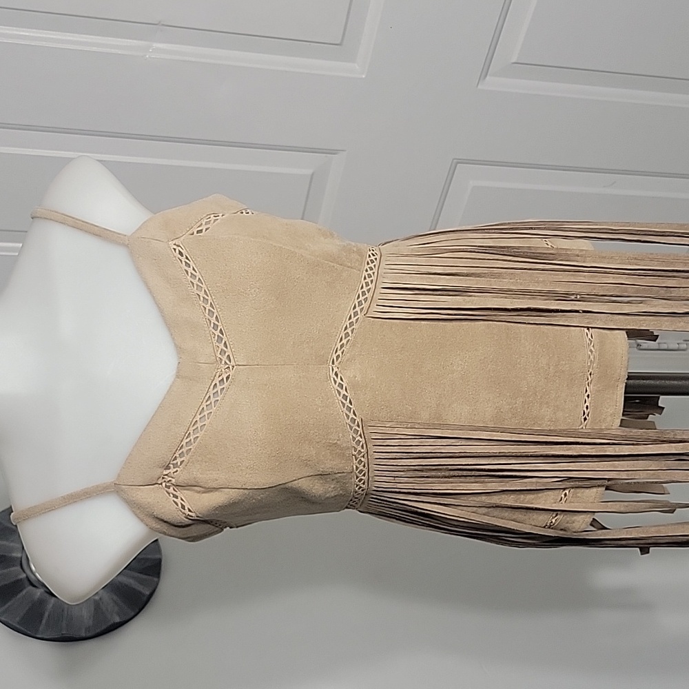J.O.A Sleeveless Hippie Native American Tan Fringe Faux Suede Dress Size Small